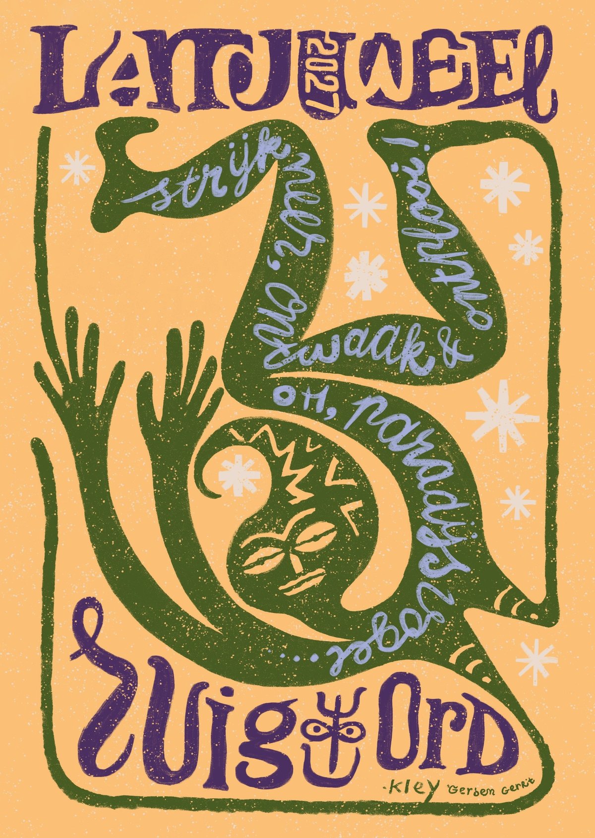 Poster Landjuweel 2027, Ruigoord: een groene slang met handen kronkelt over een oranje vlak, met handgeschreven tekst en witte sterretjes.